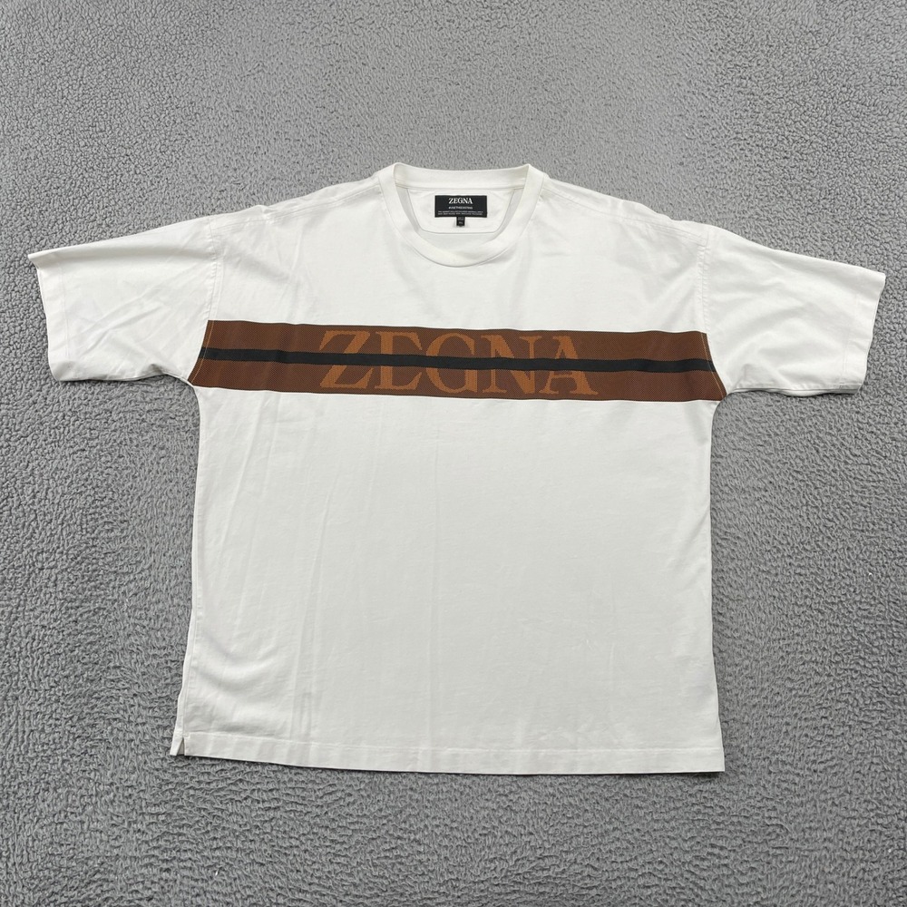Zegna T-Shirt Mens XL White UseTheExisting Logo Stripe Short Sleeve Cotton Shirt